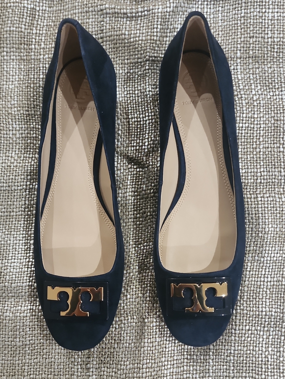 Tory Burch Navy Blue Suede Low Block Heel Flats with Gold Logo